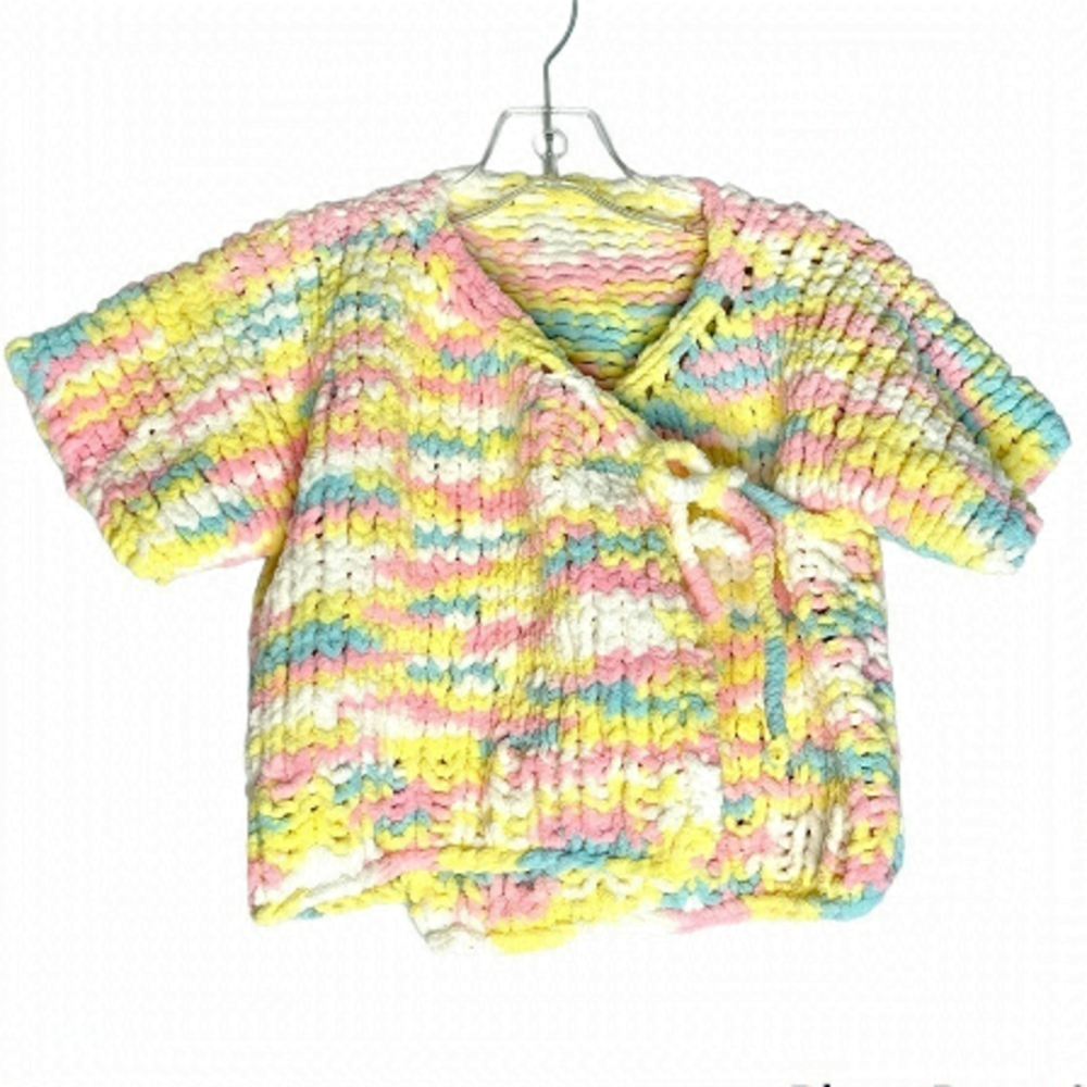 𝅺new Handmade Rainbow Chunky Crocheted Knit Sweater Cardigan 6-7 Girls